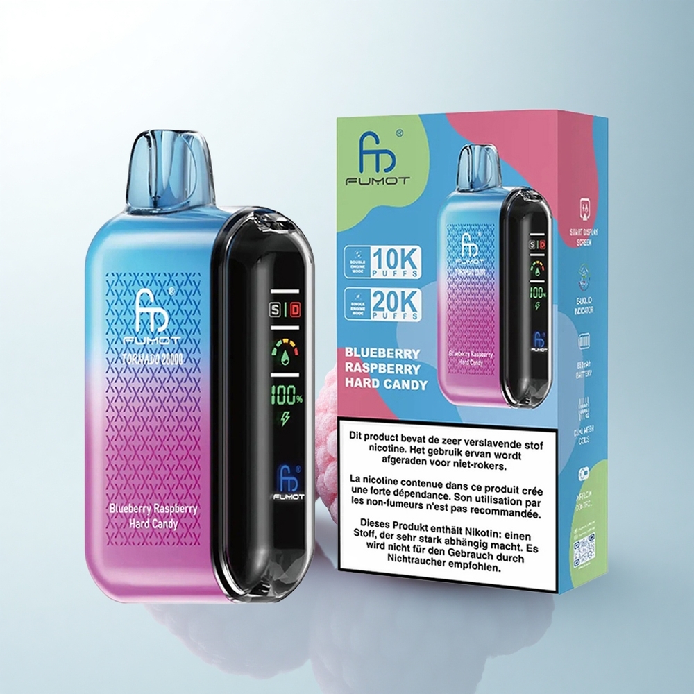 Fumot Tornado 20000 Puffs Bonbon Dur à la Myrtille et Framboise avec Double Mesh et Contrôle d\'Airflow