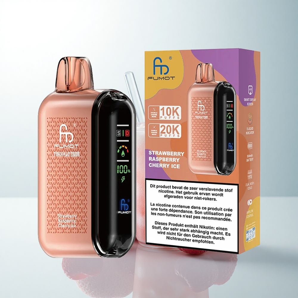 Fumot Tornado 20000 Puffs Glace Fraise Framboise Cerise Dual Mesh 20ml Smart Display
