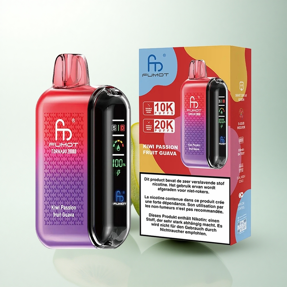 Fumot Tornado 20000 Puffs Passionfruit Goyave Kiwi avec Batterie Rechargeable et Affichage Intelligent