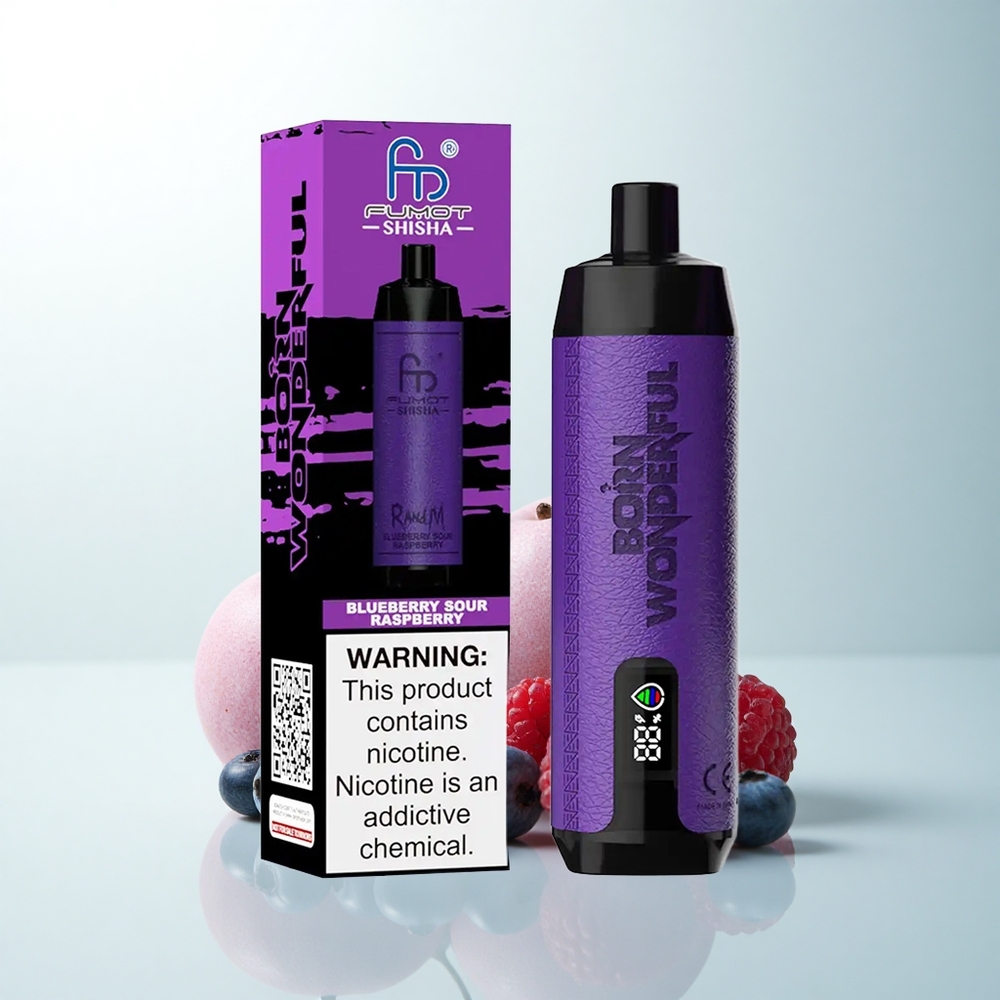 RandM Fumot Shisha 10000 Puffs Framboise Acidulée Myrtille avec 18ml et 0.6ohm Mesh Coil