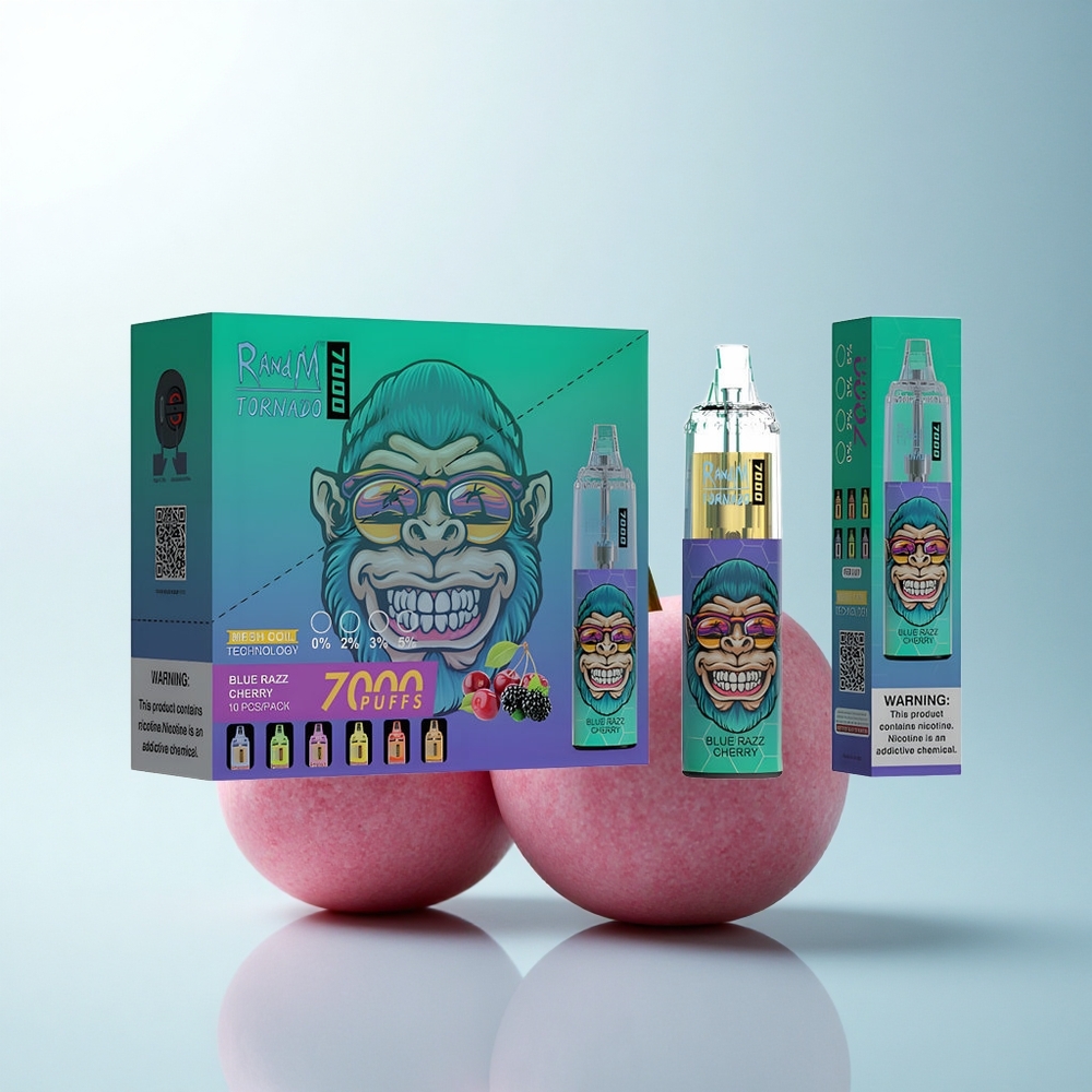 RandM Fumot Tornado 7000 Puffs Cerise Bleue Razz à 14 ML avec Recharge Type-C et Lumières RGB