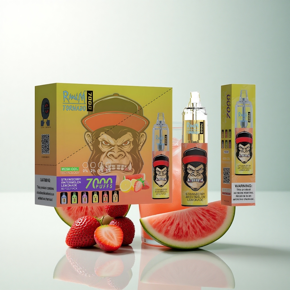 RandM Fumot Tornado 7000 Puffs Fraise Pastèque Limonade avec 14 ML et 850 MAH et Lumière RGB